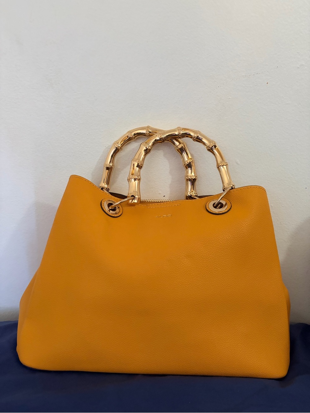 Aldo Yellow Leather Tote Bag with Gold Bamboo Handles